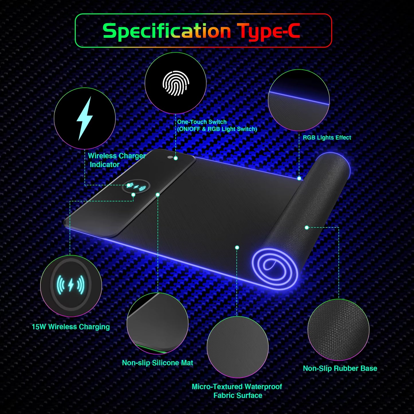 RGB Wireless Charging Gaming Mouse Pad – LED Desk Mat for Phone & PC