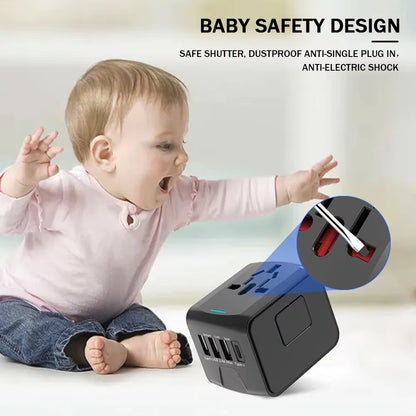 Universal Travel Adapter – 100V–250V Power Plug with 3 USB & 1 Type-C Port