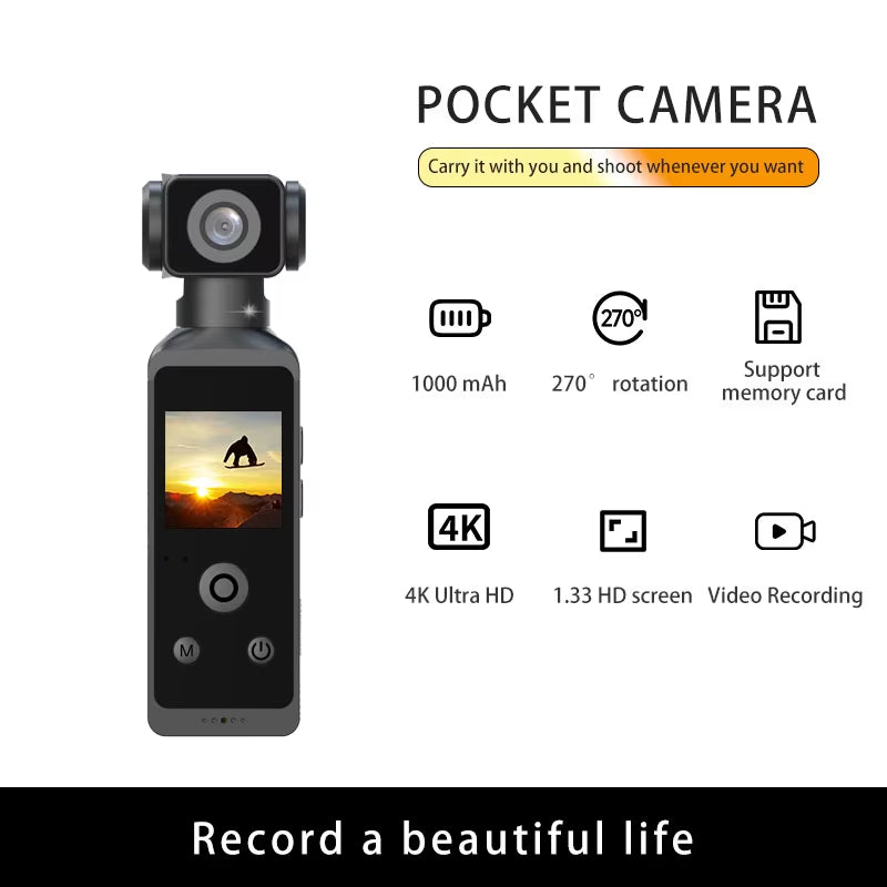 Pocket 5K HD Action Camera with 270° Rotatable Lens, Optical Image Stabilizer, Microsd / TF Card, Waterproof Housing,