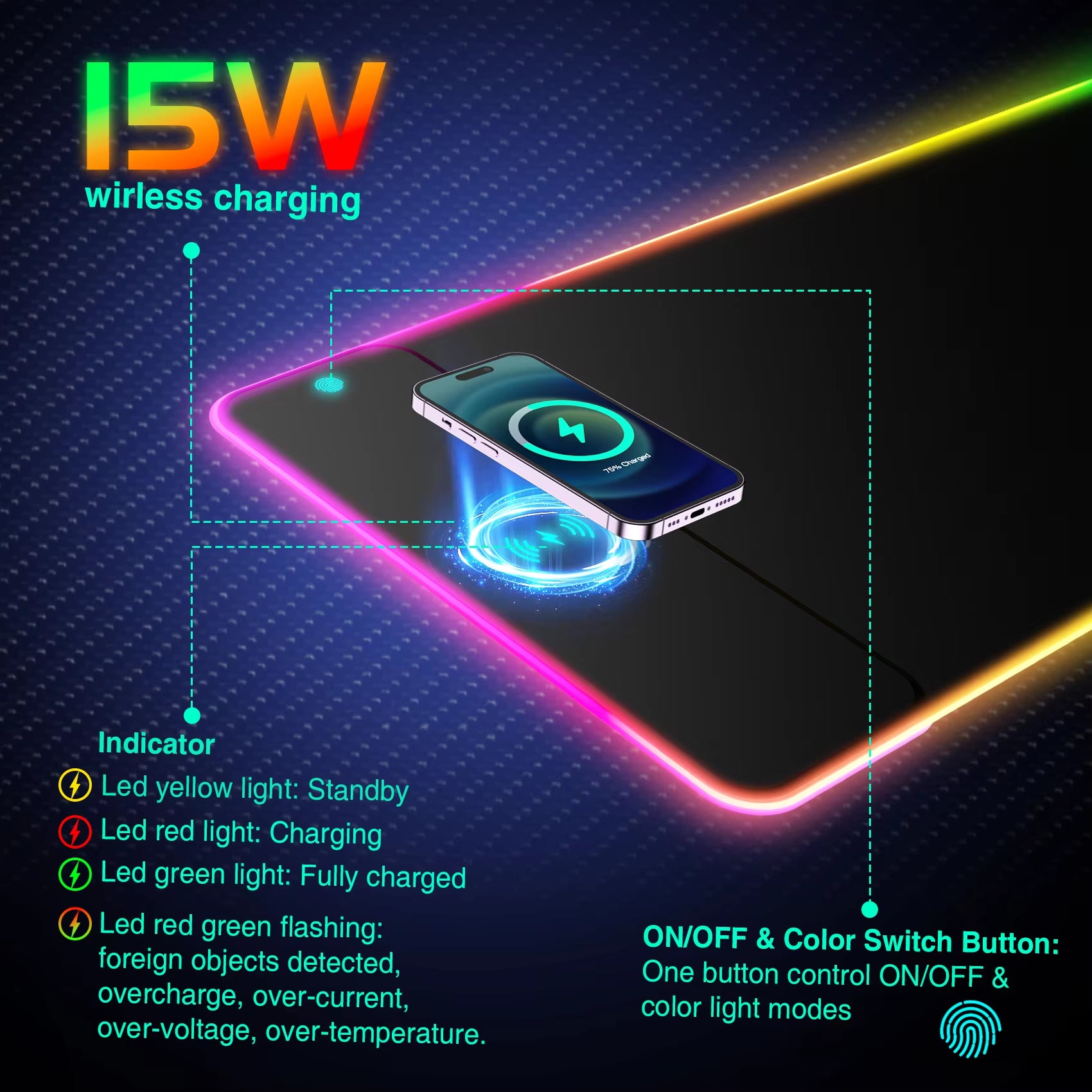 RGB Wireless Charging Gaming Mouse Pad – LED Desk Mat for Phone & PC