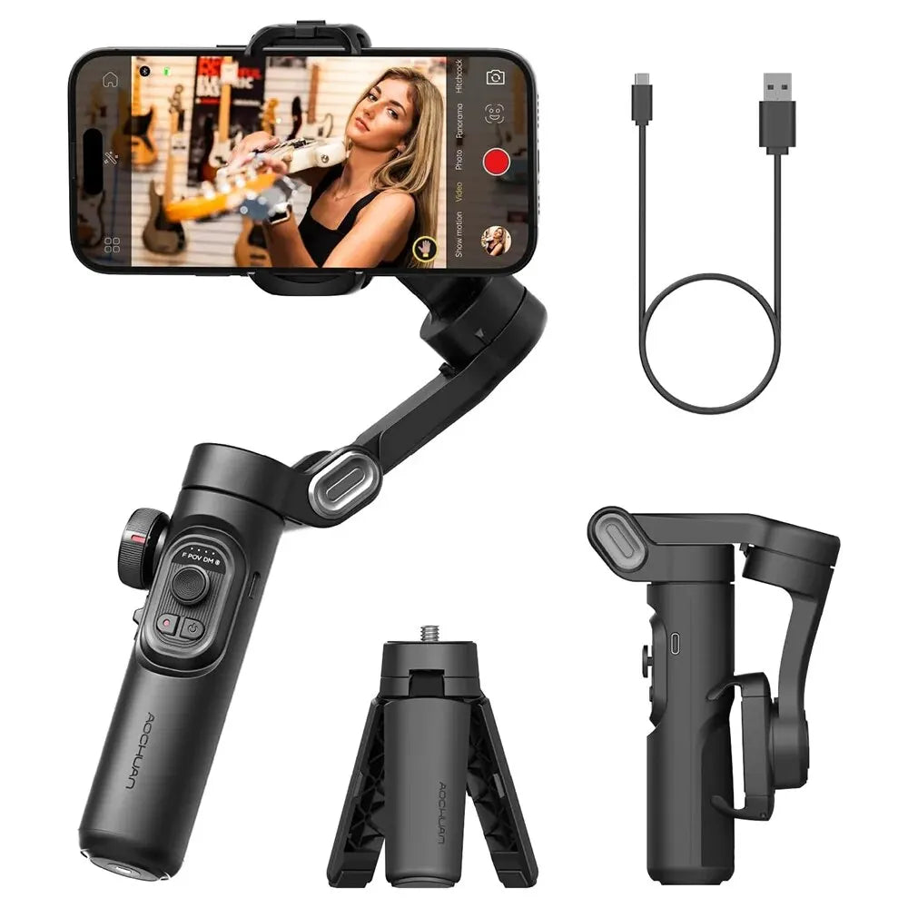 AOCHUAN 3-Axis Smartphone Gimbal Stabilizer – AI Face Tracking for iPhone & Android