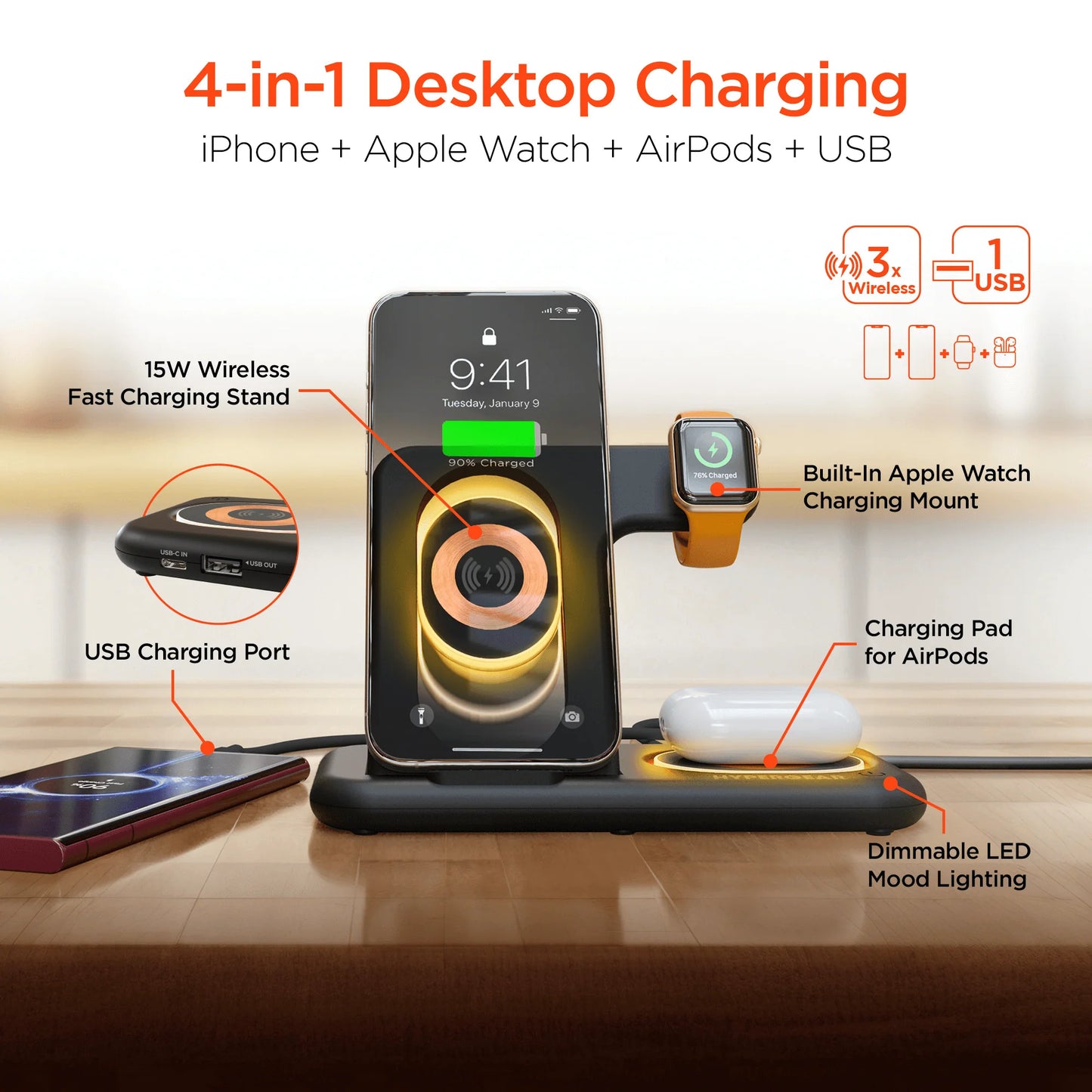 HyperGear 4-in-1 Wireless Charging Stand – Fast, All-in-One Power Hub
