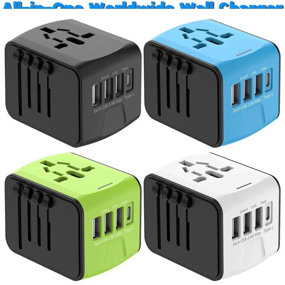 Universal Travel Adapter – 100V–250V Power Plug with 3 USB & 1 Type-C Port