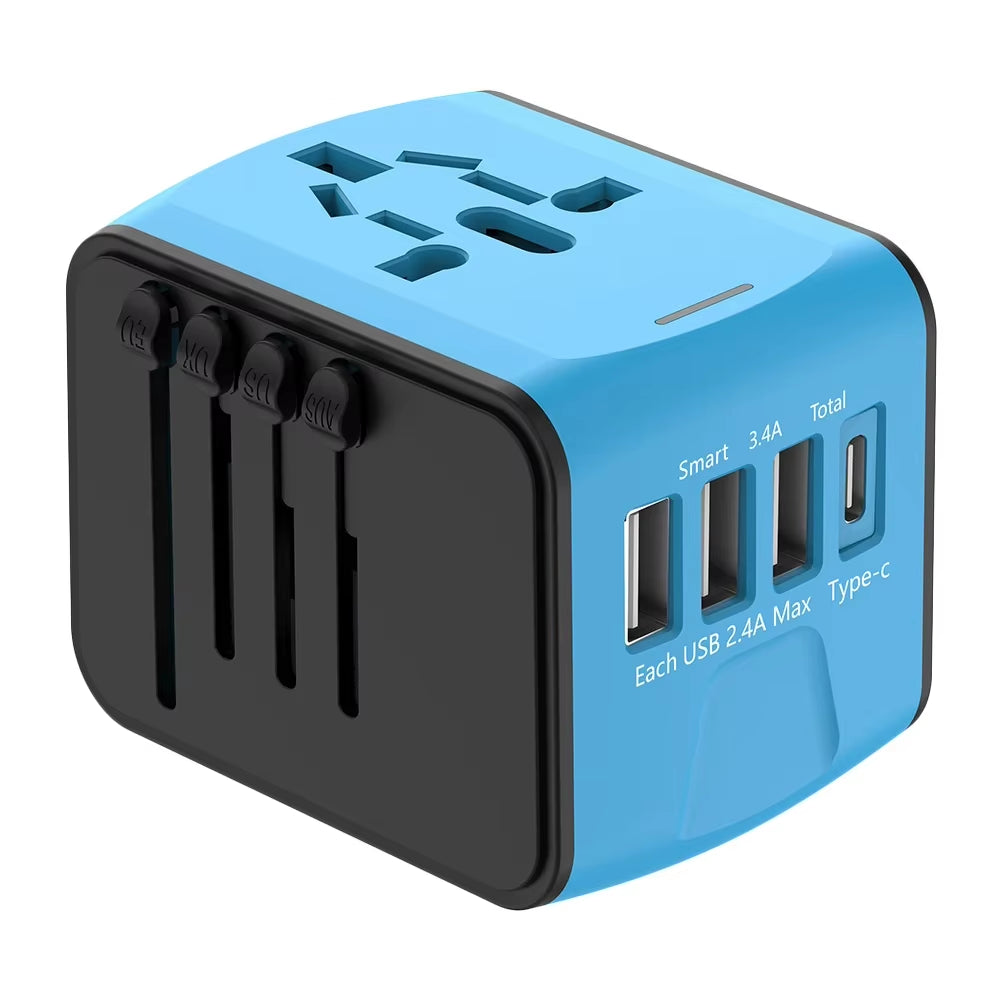 Universal Travel Adapter – 100V–250V Power Plug with 3 USB & 1 Type-C Port