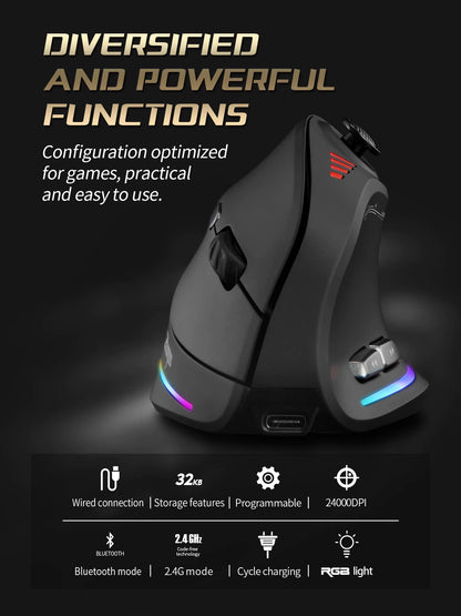 ZELOTES F18 Vertical Ergonomic Wireless Mouse – Bluetooth & 2.4G Gaming Mouse