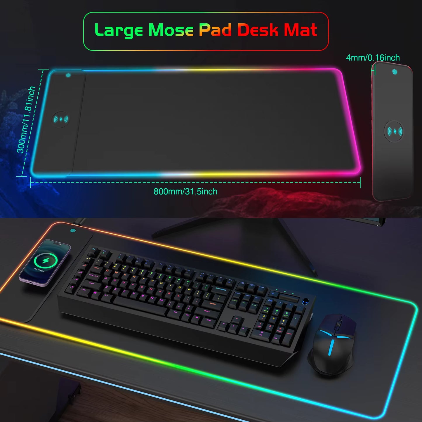 RGB Wireless Charging Gaming Mouse Pad – LED Desk Mat for Phone & PC