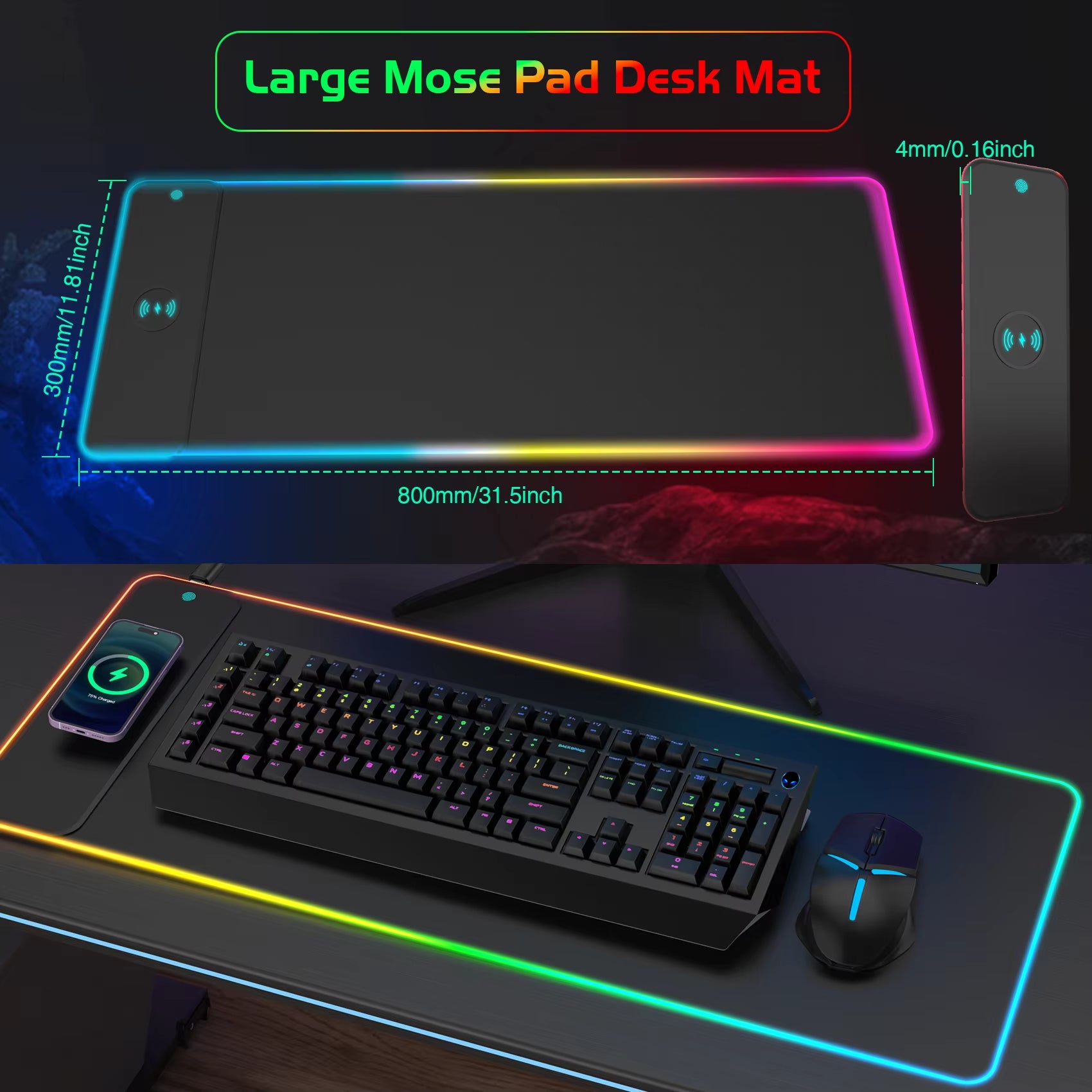 RGB Wireless Charging Gaming Mouse Pad – LED Desk Mat for Phone & PC