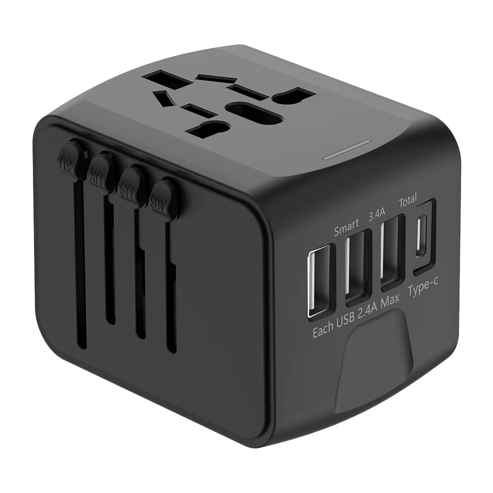 Universal Travel Adapter – 100V–250V Power Plug with 3 USB & 1 Type-C Port